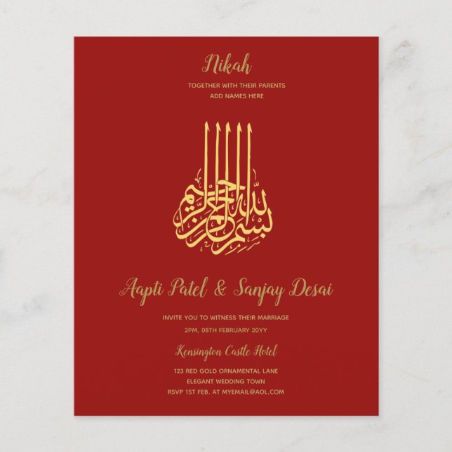 Prospectus 11,4 Cm X 14,2 Cm Nikah - Red Gold Islam Motif Mariage Invite (Devant)