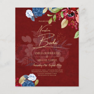 Prospectus 11,4 Cm X 14,2 Cm NUESTRA BODA Bourgogne Bleu Floral Faire-Part de M