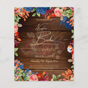 Prospectus 11,4 Cm X 14,2 Cm NUESTRA BODA Bourgogne Bleu Floral Faire-Part de M