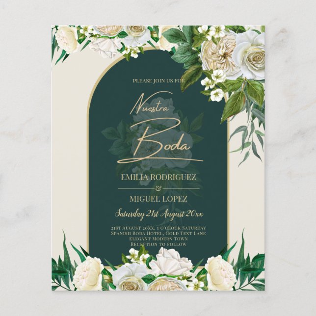 Prospectus 11,4 Cm X 14,2 Cm NUESTRA BODA Vert Or Blanc Roses INVITATION d'hive (Devant)