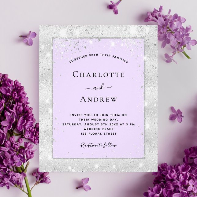 Prospectus 11,4 Cm X 14,2 Cm Pailleté violet argent élégant mariage budget (Créateur téléchargé)