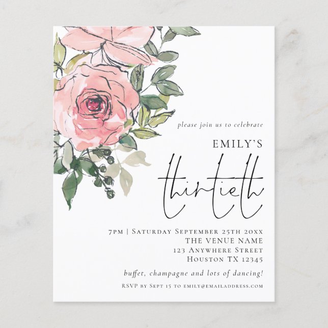 Prospectus 11,4 Cm X 14,2 Cm PAPER Blush Rose Florals Trente Anniversaire Invit (Devant)
