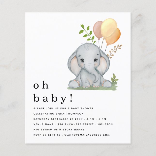 Prospectus 11,4 Cm X 14,2 Cm PAPER Elephant Genre Neutre Baby shower Invitation (Devant)