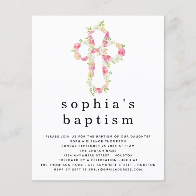 Prospectus 11,4 Cm X 14,2 Cm PAPER Floraux roses Cross Baptism Invitation Flyer (Devant)