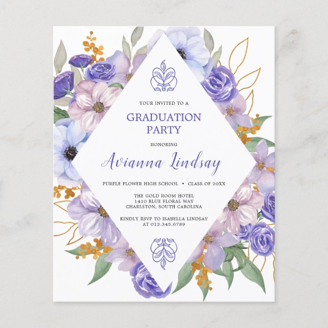 Prospectus 11,4 Cm X 14,2 Cm PAPER Purple Floral Graduation Party Invitation (Devant)