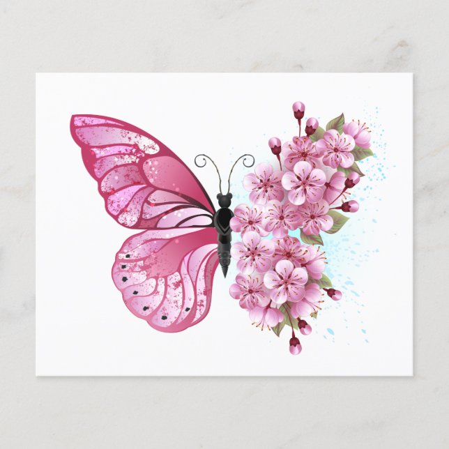 Prospectus 11,4 Cm X 14,2 Cm Papillon à fleurs avec Sakura rose (Devant)