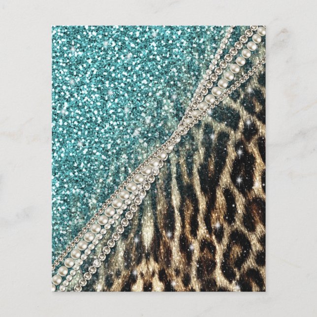 Prospectus 11,4 Cm X 14,2 Cm Parties scintillant Bleu Empreinte de léopard chic (Devant)