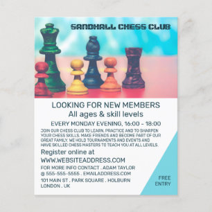 Prospectus 11,4 Cm X 14,2 Cm Pièces d'échecs colorées, Club d'échecs publicité