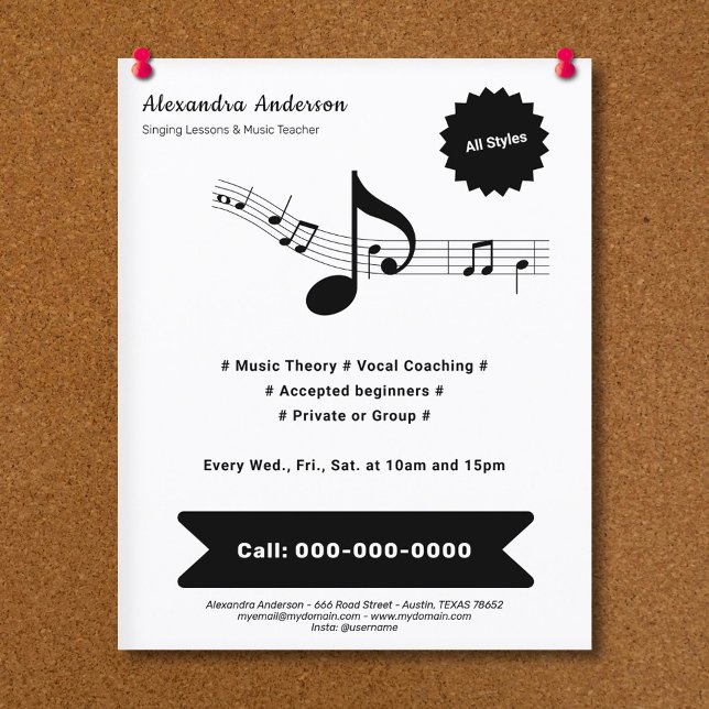 Prospectus 11,4 Cm X 14,2 Cm Professeur de musique simple, noir et blanc (Black & White Music Teacher Flyer)