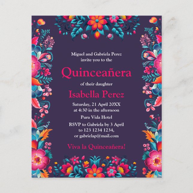 Prospectus 11,4 Cm X 14,2 Cm Quinceanera Florale Violet Fiesta Mexicaine Annive (Devant)