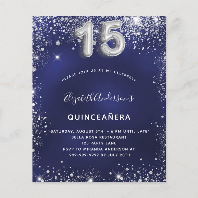 Prospectus 11,4 Cm X 14,2 Cm Quinceanera marine bleu argent budget invitation (Devant)