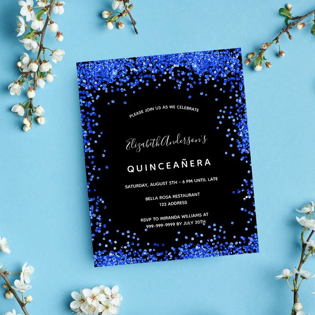 Prospectus 11,4 Cm X 14,2 Cm Quinceanera noir royal bleu budget invitation (Créateur téléchargé)