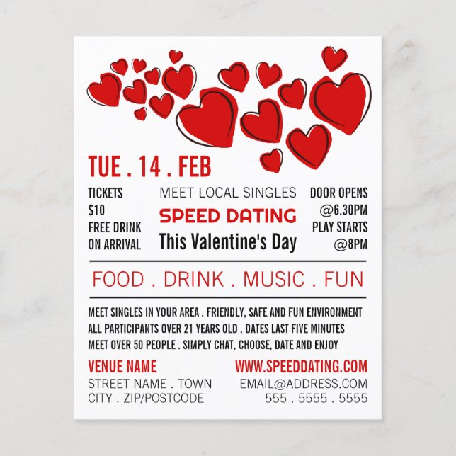 Prospectus 11,4 Cm X 14,2 Cm Red Hearts, Speed Dating Evénement Publicité (Devant)