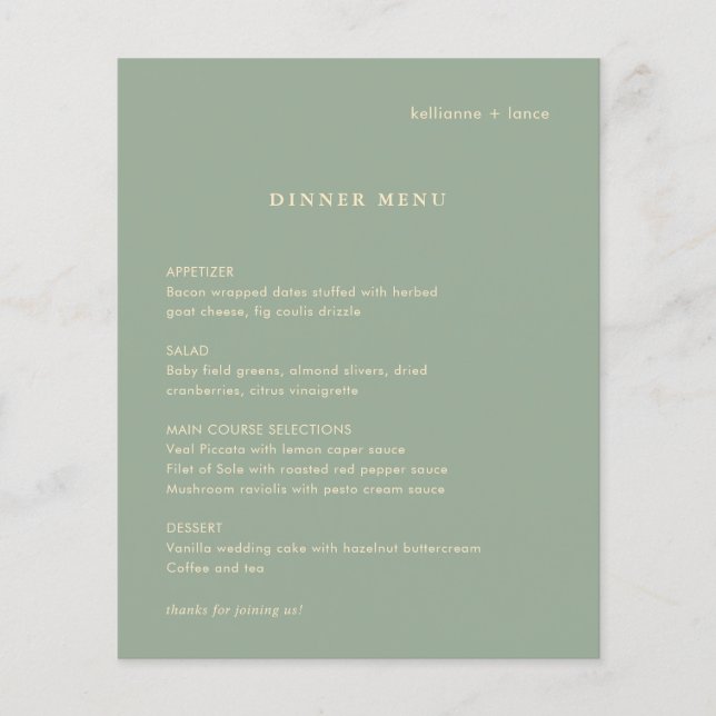 Prospectus 11,4 Cm X 14,2 Cm Sage Green Simple Modern Budget Wedding Menu (Devant)