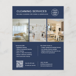 Prospectus 11,4 Cm X 14,2 Cm Services de nettoyage bleu marine moderne QR Entre