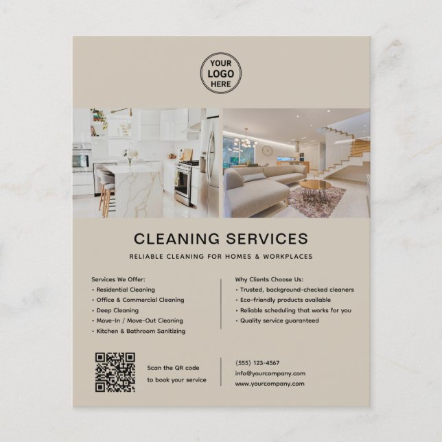 Prospectus 11,4 Cm X 14,2 Cm Services de nettoyage Logo personnalisé QR Beige (Devant)
