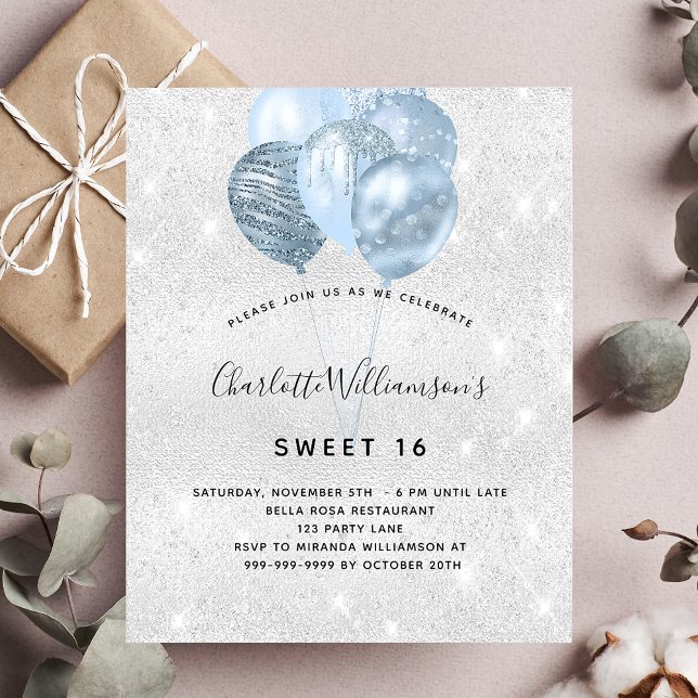 Prospectus 11,4 Cm X 14,2 Cm Sweet 16 argent bleu parties scintillant invitatio (Créateur téléchargé)