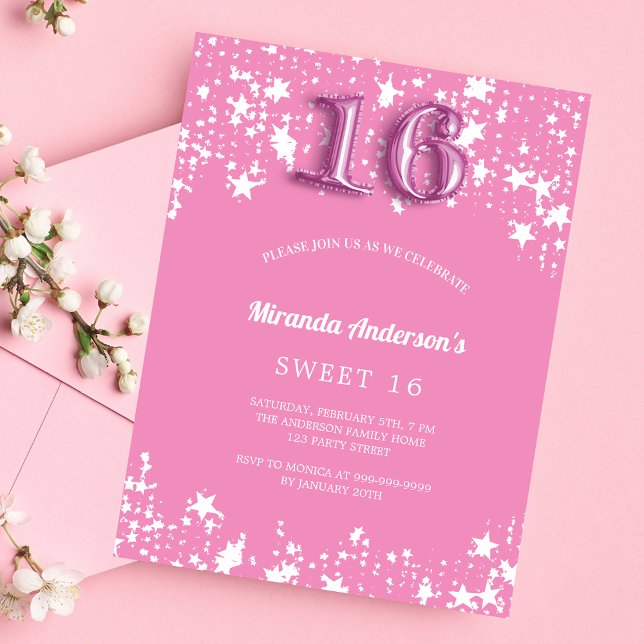 Prospectus 11,4 Cm X 14,2 Cm Sweet 16 étoiles blanches roses invitation budgéta (Créateur téléchargé)