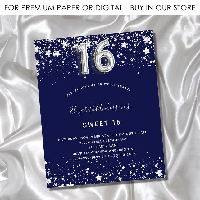 Prospectus 11,4 Cm X 14,2 Cm Sweet 16 marine bleu argent budget invitation (Créateur téléchargé)