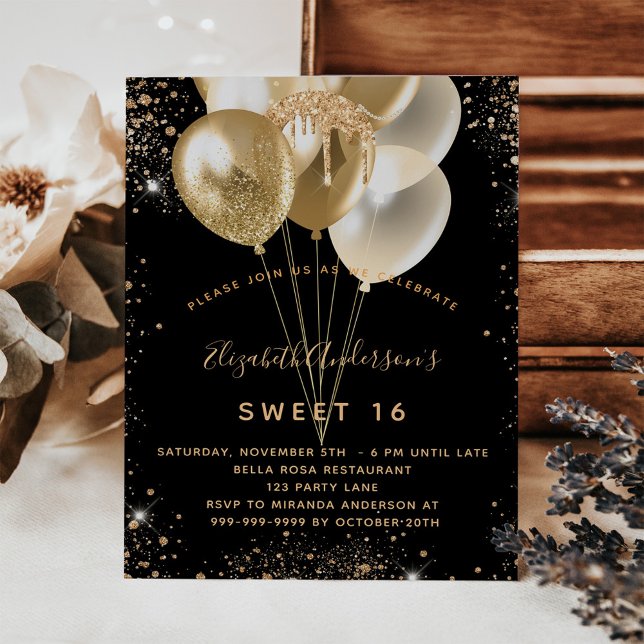 Prospectus 11,4 Cm X 14,2 Cm Sweet 16 noir parties scintillant ballons d'or bud (Créateur téléchargé)