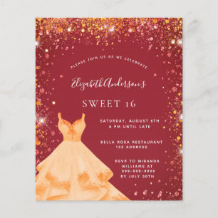 Prospectus 11,4 Cm X 14,2 Cm Sweet 16 robe d'or rouge invitation budget