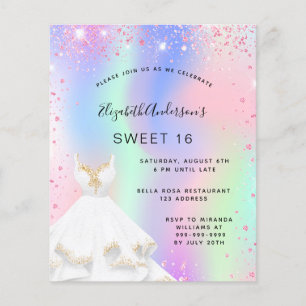 Prospectus 11,4 Cm X 14,2 Cm Sweet 16 robe holographique rose invitation