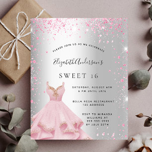 Prospectus 11,4 Cm X 14,2 Cm Sweet 16 robe rose argent invitation budget