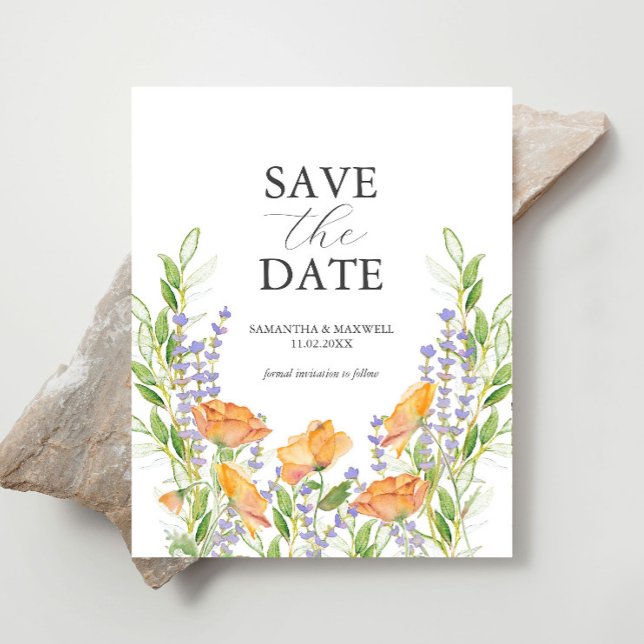 Prospectus 11,4 Cm X 14,2 Cm Thème Mariage fleur sauvage Enregistrer La Date (Budget wedding save the date watercolor orange and purple flowers by Victoria Grigaliunas)