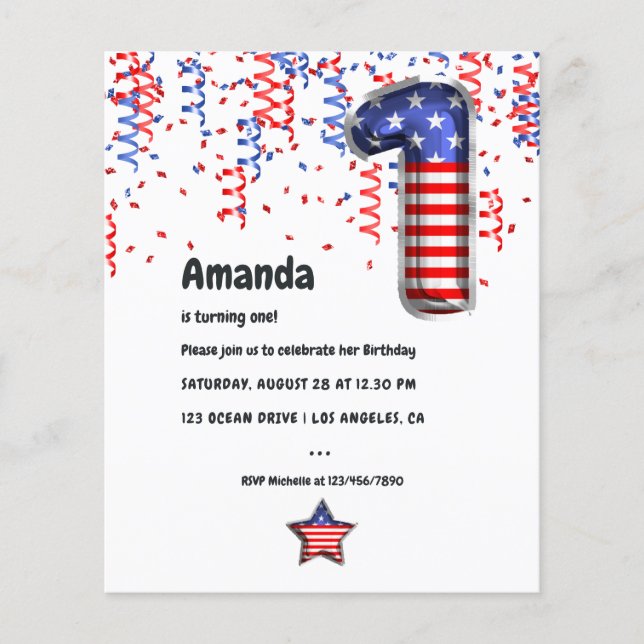 Prospectus 11,4 Cm X 14,2 Cm USA Patriotic Balloon 1er Invitation anniversaire (Devant)