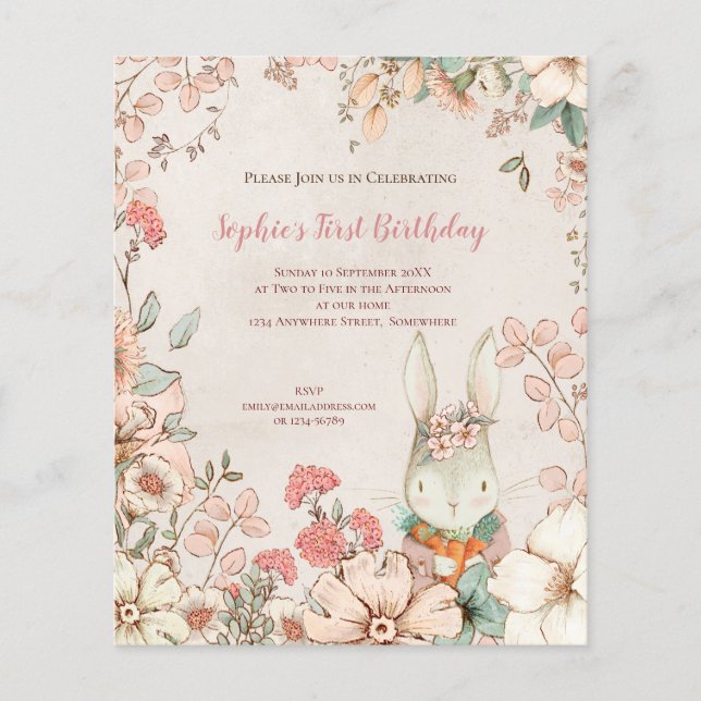 Prospectus 11,4 Cm X 14,2 Cm Valeur Bunny Floral 1er Anniversaire Invitation fi (Devant)