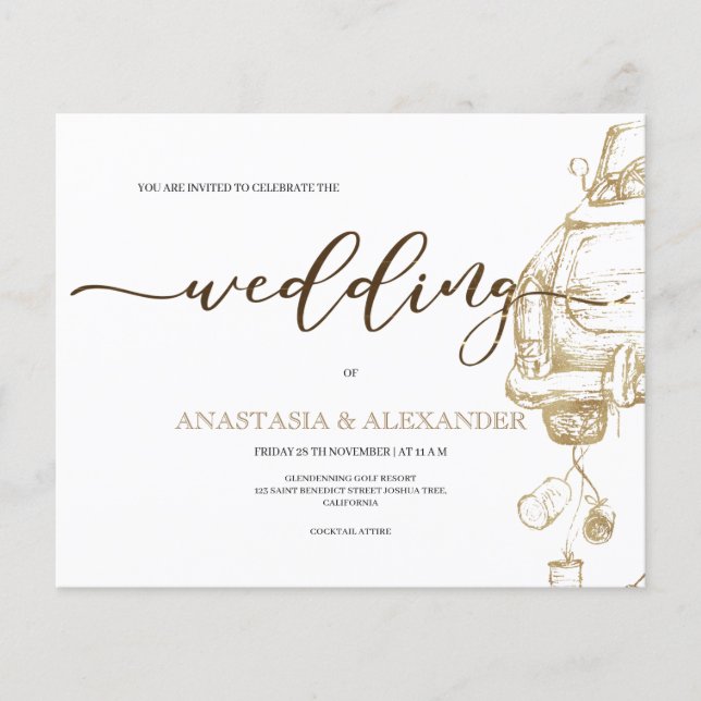 Prospectus 11,4 Cm X 14,2 Cm Voiture/faire-part de mariage Gold/Budget. Flyer (Devant)