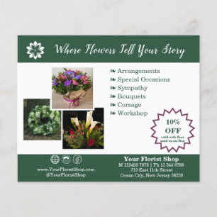 Prospectus 11,4 Cm X 14,2 Cm 🌸Votre boutique de fleuriste Promotionnel Vert et