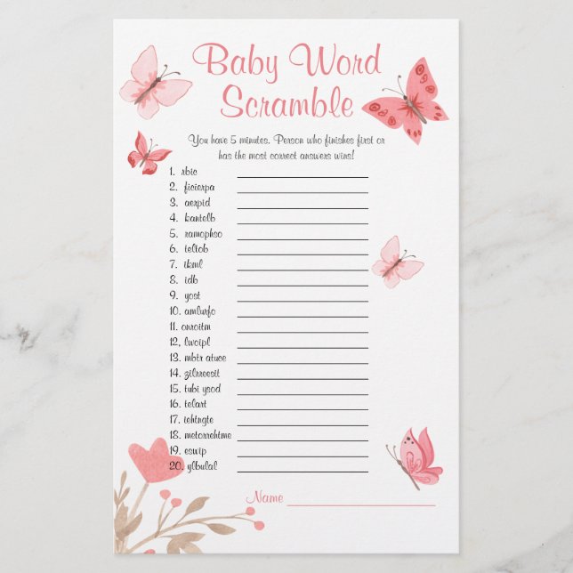 Prospectus 14 Cm X 21,6 Cm Baby shower Word Scramble Jeu Papillons roses (Devant)