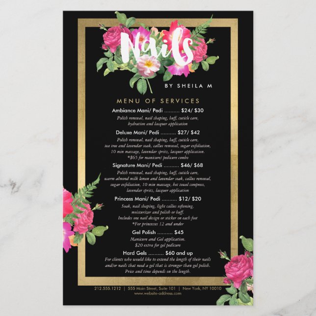 Prospectus 14 Cm X 21,6 Cm Beauty Florals Nail Salon Tarifs Menu Service (Devant)