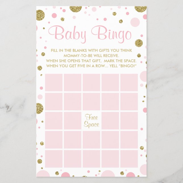 Prospectus 14 Cm X 21,6 Cm Bingo baby shower, Faux Confetti, Rose, Or (Devant)