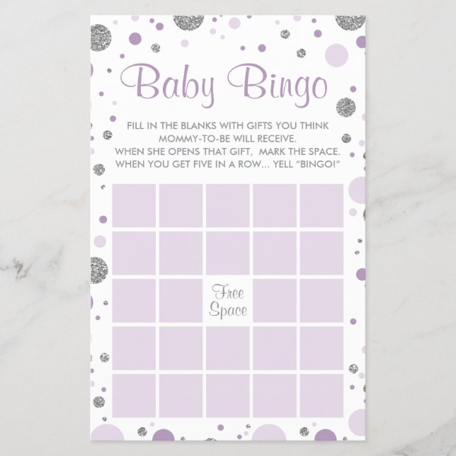 Prospectus 14 Cm X 21,6 Cm Bingo baby shower, Faux Confetti, Violet, Argent (Devant)