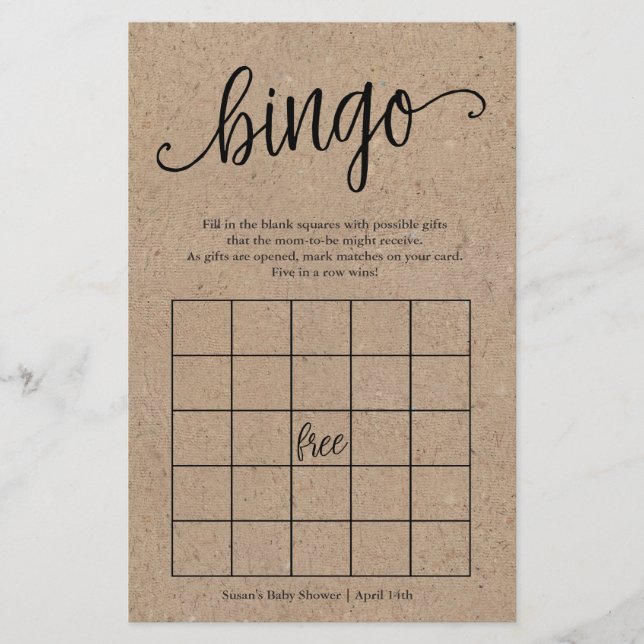 Prospectus 14 Cm X 21,6 Cm Bingo Rustique Baby shower Kraft, Carte de jeu en  (Devant)