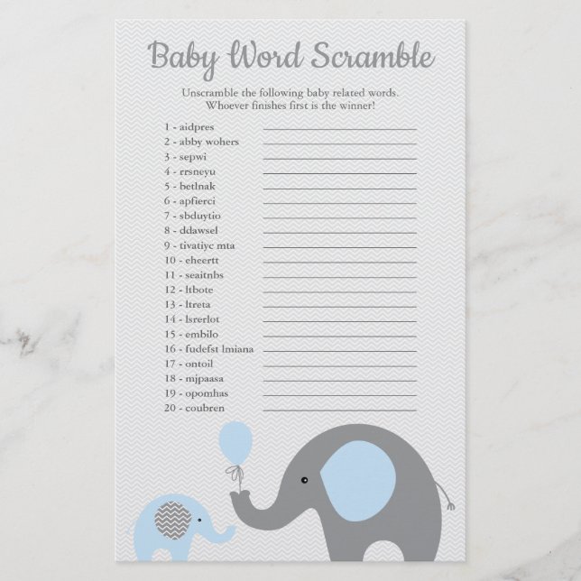 Prospectus 14 Cm X 21,6 Cm Bleu et gris Eléphant Baby shower Mot Scramble (Devant)