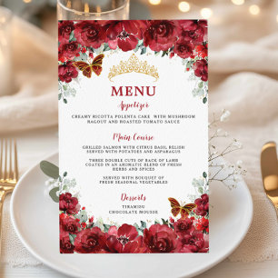Prospectus 14 Cm X 21,6 Cm Budget Rouge Floral Gold Sweet 16 Quinceañera Menu