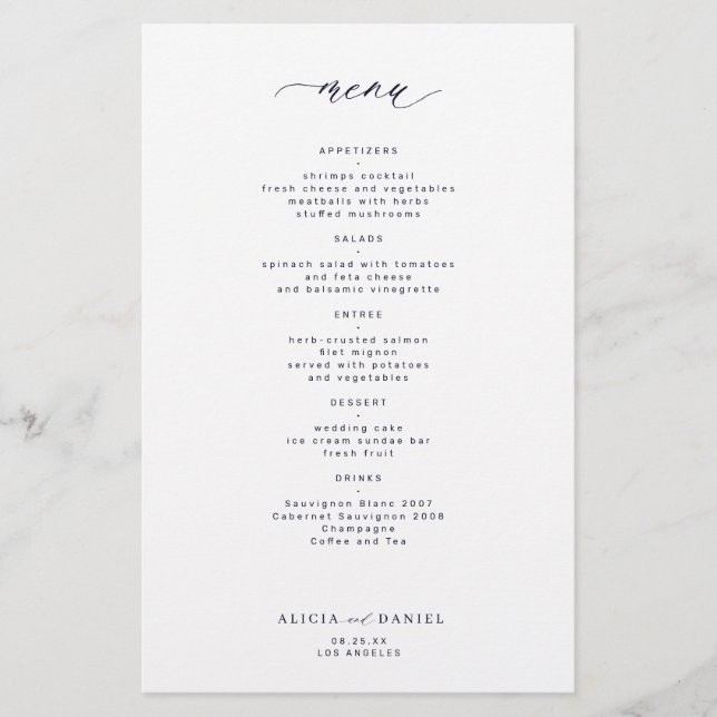 Prospectus 14 Cm X 21,6 Cm Budget simple de minuit marine blanc menu mariage (Devant)