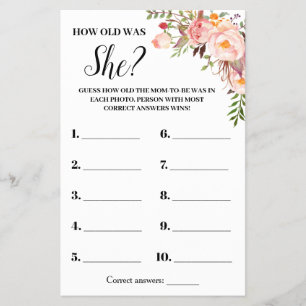 Prospectus 14 Cm X 21,6 Cm Carte de jeu Baby Shower « Fleurs roses - Quel âge