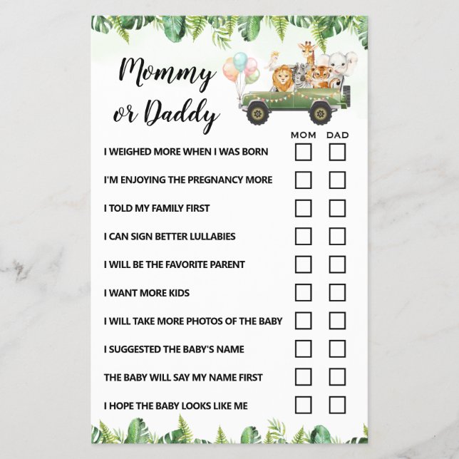 Prospectus 14 Cm X 21,6 Cm Carte de jeu Baby shower pour animaux Safari Maman (Devant)