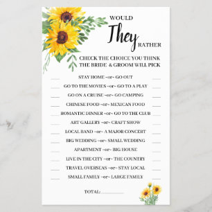 Prospectus 14 Cm X 21,6 Cm Carte de jeu de douche aux tournesols Would They R