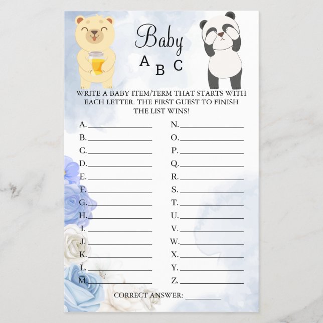 Prospectus 14 Cm X 21,6 Cm Carte de jeu nounours Baby ABC Shower (Devant)