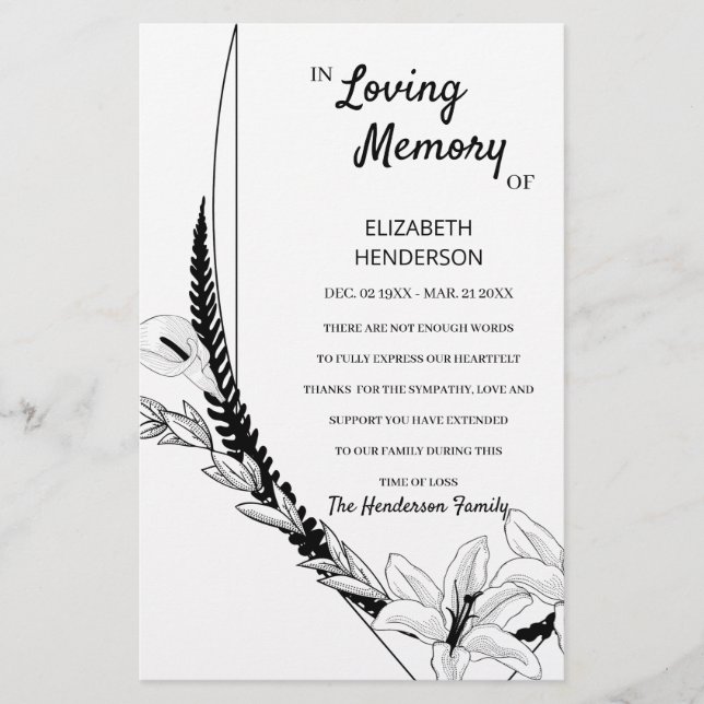 Prospectus 14 Cm X 21,6 Cm Carte de remerciements budgétaire en mémoire de sy (Devant)