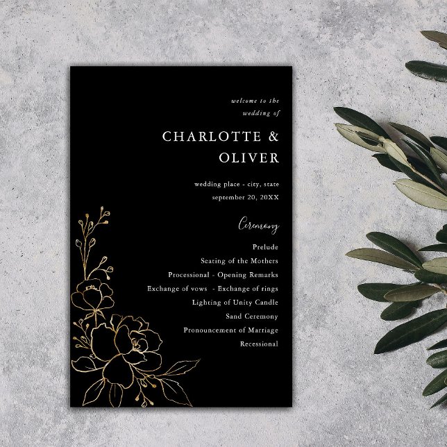 Prospectus 14 Cm X 21,6 Cm Cérémonie de Mariage Floral Bordée d'or Budget M N (Créateur téléchargé)