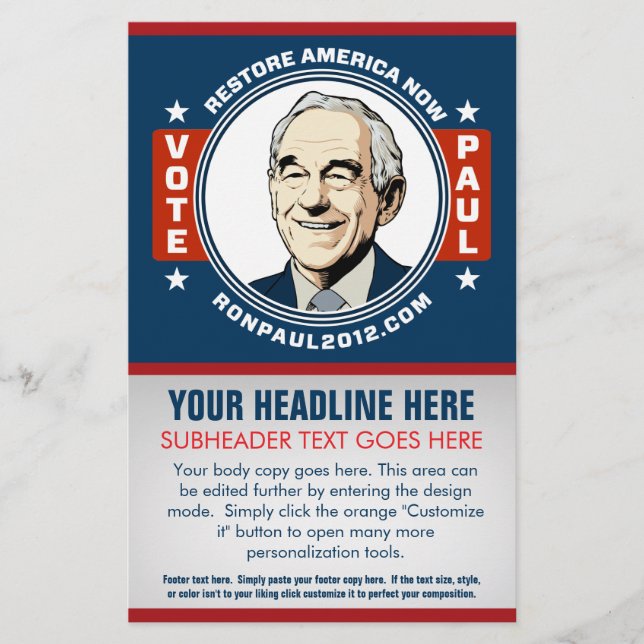Prospectus 14 Cm X 21,6 Cm Circulaire personnalisable Ron Paul (Devant)