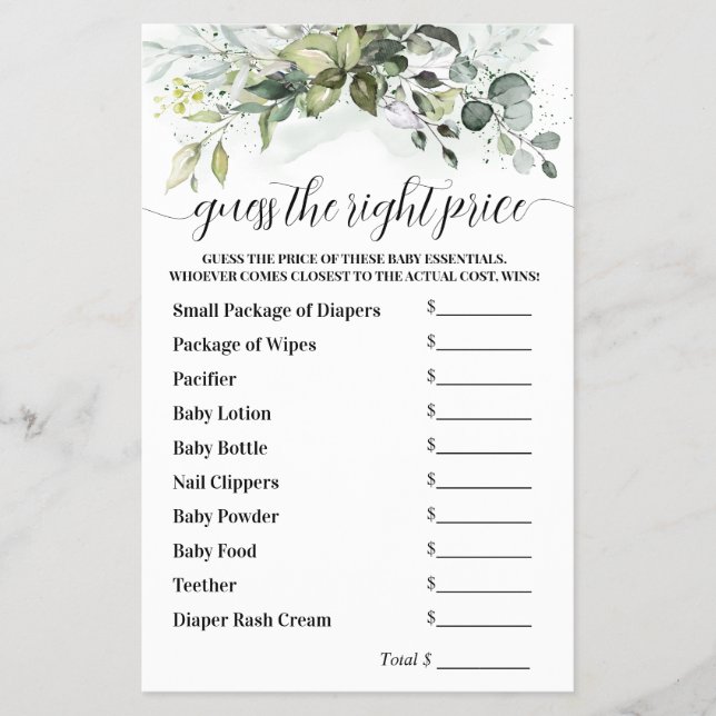 Prospectus 14 Cm X 21,6 Cm Devinez le bon prix Baby shower de verdure jeu (Devant)