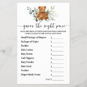 Prospectus 14 Cm X 21,6 Cm Devinez Prix Juste Ours Verdure Baby shower Jeu