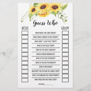 Prospectus 14 Cm X 21,6 Cm Devinez Qui Fête des mariées Sunflowers Game Card